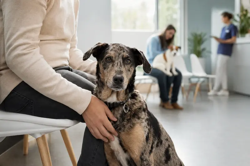 Ein Cane Di Maccelaio sitzt ruhig neben seinem Besitzer im hellen Wartezimmer einer modernen Tierarztpraxis.